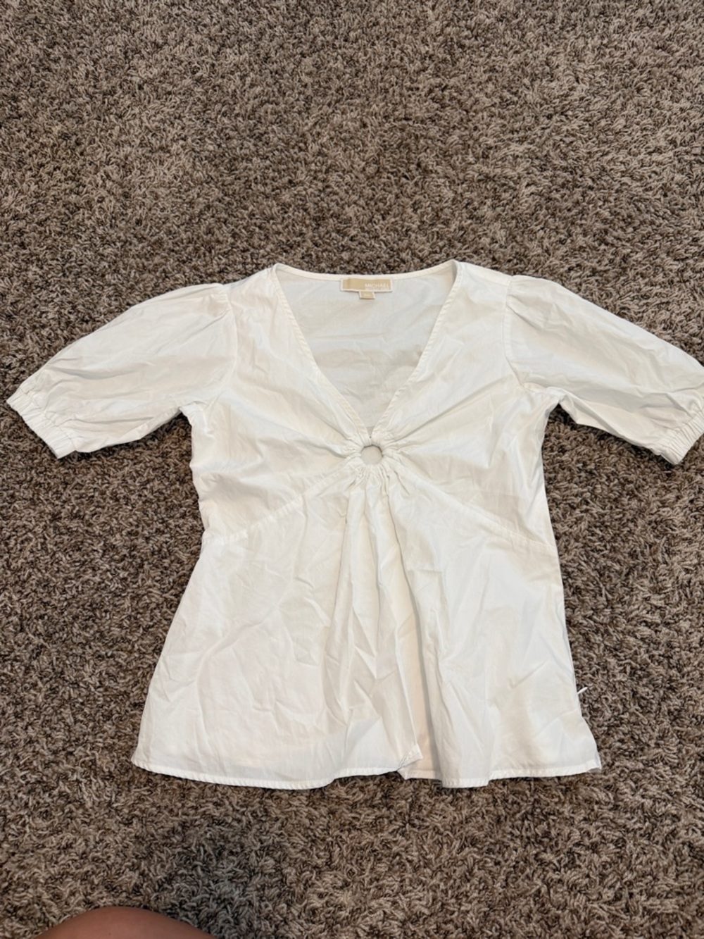 Michael Kors White V-Neck Ring-Front Puff Sleeve Blouse